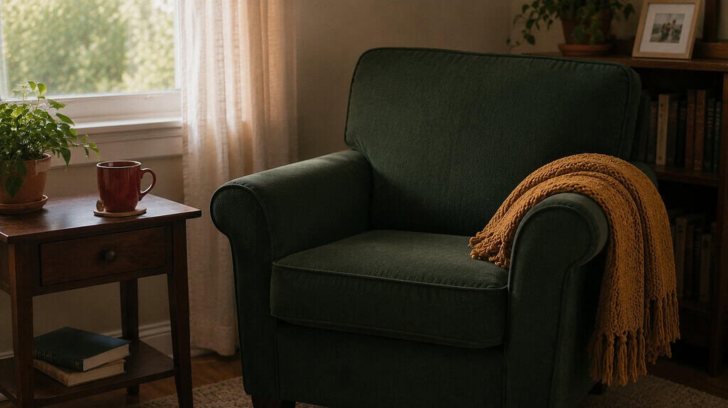 An empty forest-green armchair with a red mug of tea on a wooden side table and a folded golden-yellow throw on the arm in soft daylight