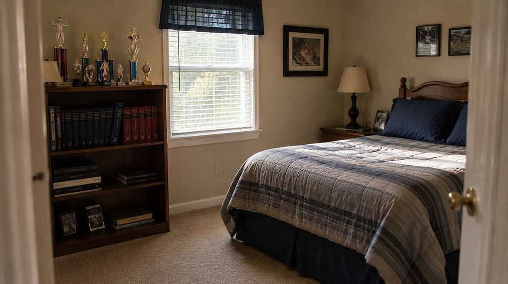 An old bedroom with a shelf of trophies and yearbooks and a neatly made bed in soft daylight