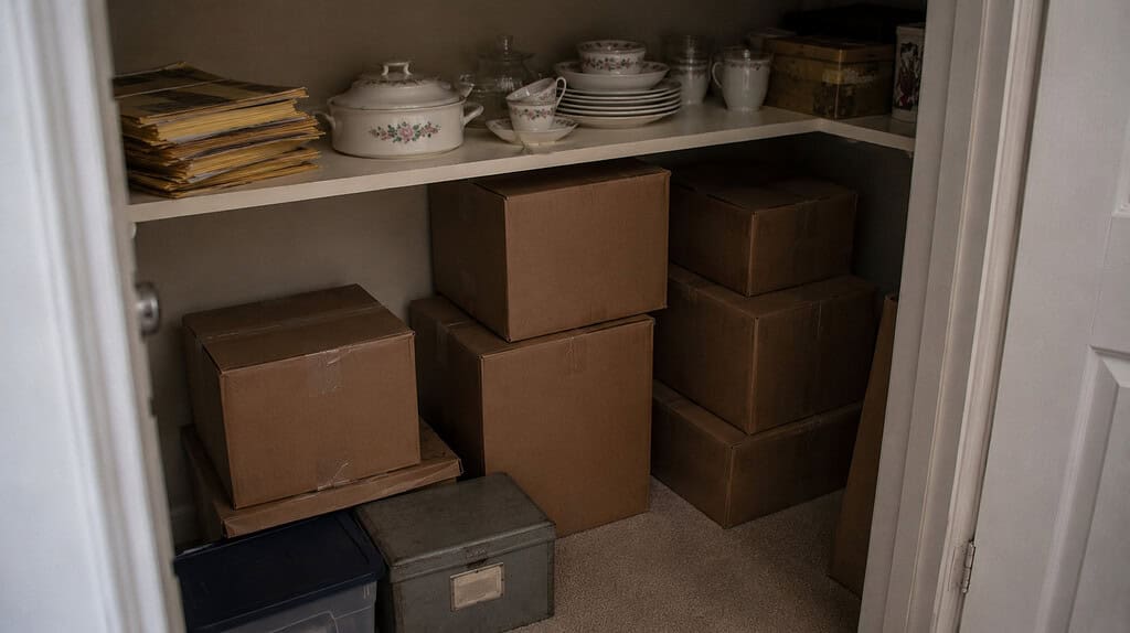 A back closet holding a stack of boxes, a partly visible old china set, and a bundle of old photo envelopes on a shelf