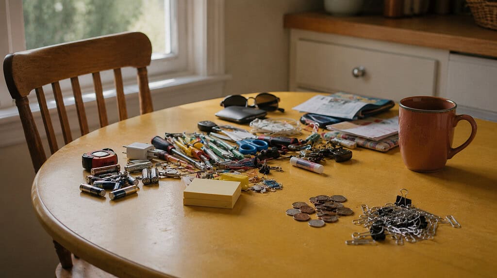 A wooden kitchen chair at a butter-yellow table with junk drawer contents spread out, two piles started, and a terracotta mug at the edge in soft daylight