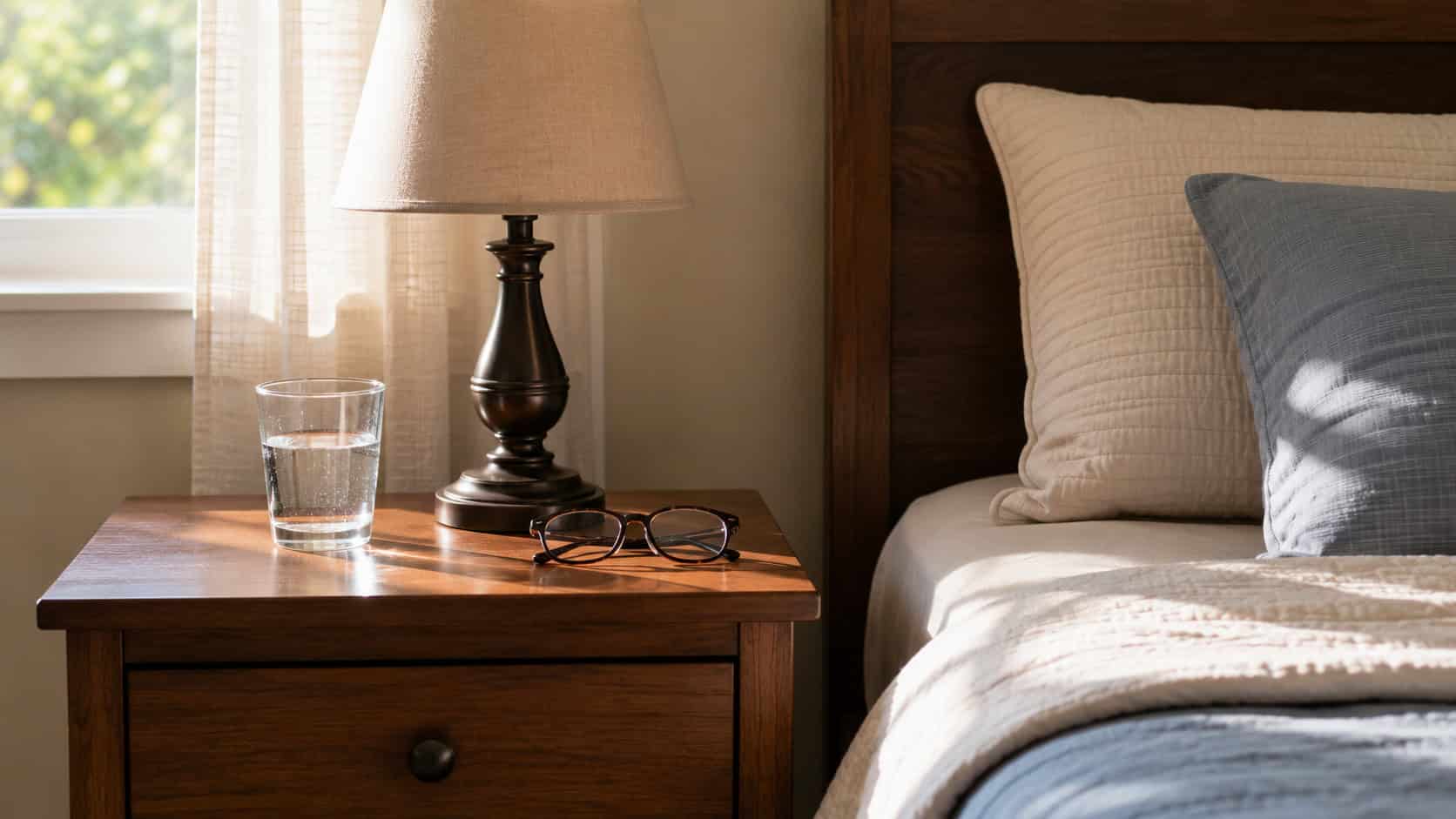 A simple nightstand with a small lamp, a glass of water, and reading glasses beside a neatly made bed in soft morning light