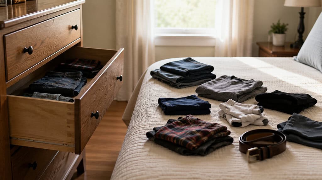 An open dresser drawer with its contents laid out in small loose groups on the bed beside it in soft daylight
