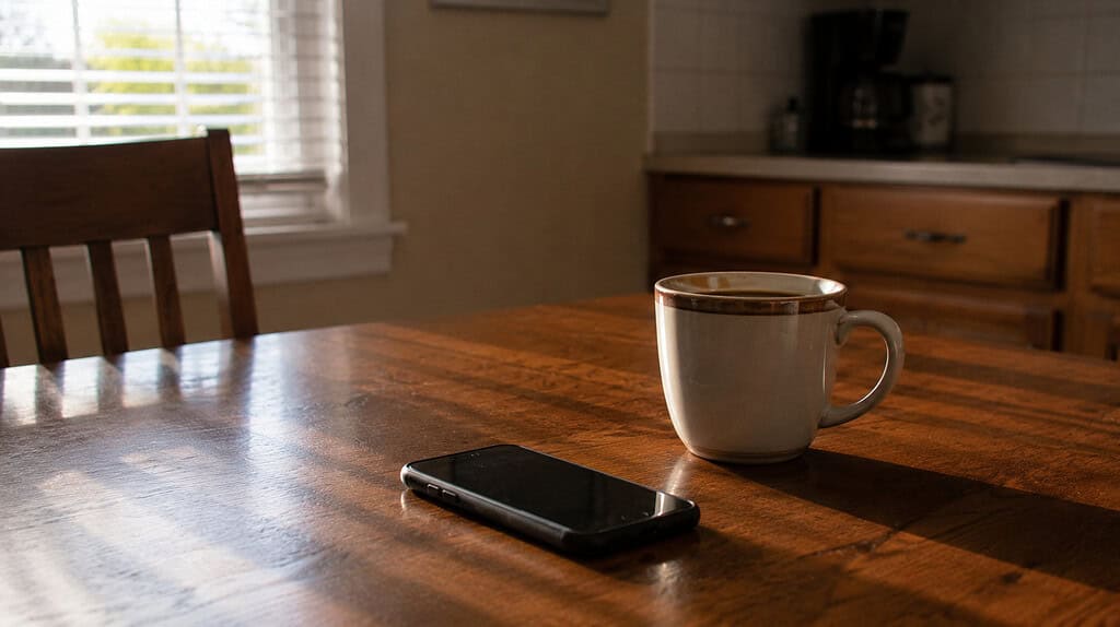 A cell phone resting beside a cup of coffee on a quiet kitchen table in soft morning light