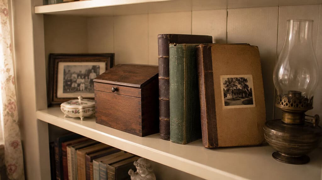 A shelf holding a few old photo albums, a small wooden recipe box, and a couple of family heirlooms arranged together in soft warm daylight