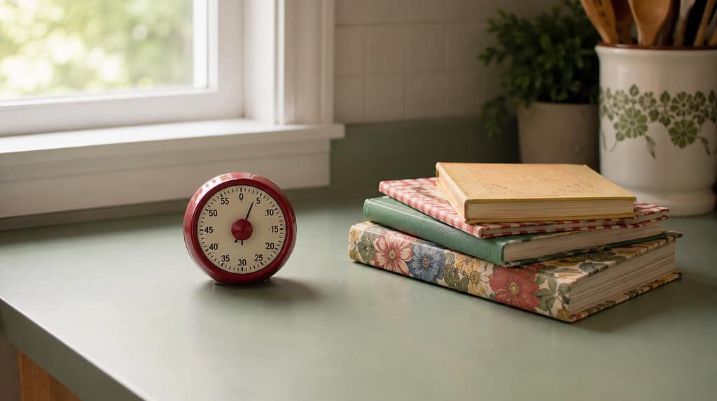 A small round red kitchen timer on a sage-green counter with a tidy stack of colorful items beside it in soft natural light