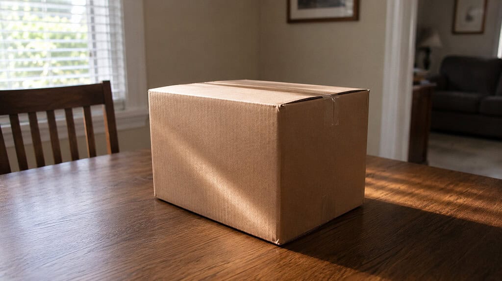 A single closed cardboard box sitting alone on a plain wooden table in soft daylight