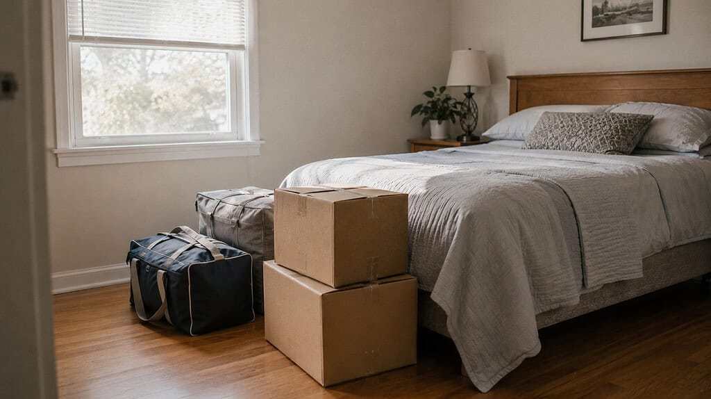 A spare bedroom with a few cardboard boxes and storage bags on the floor beside a made bed in soft natural light