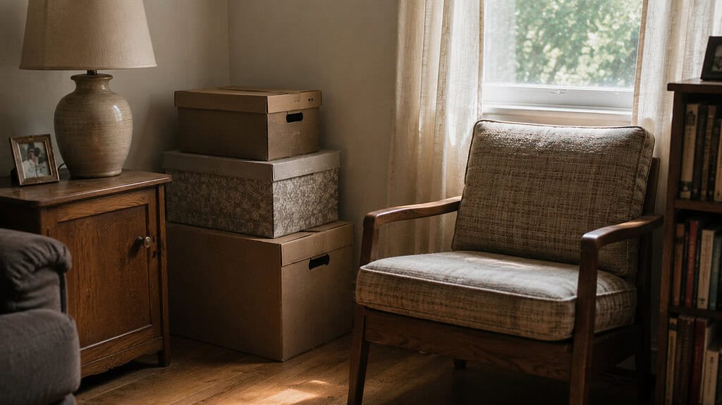 A corner of a lived-in room where a few storage boxes sit settled beside a chair and a lamp in soft daylight