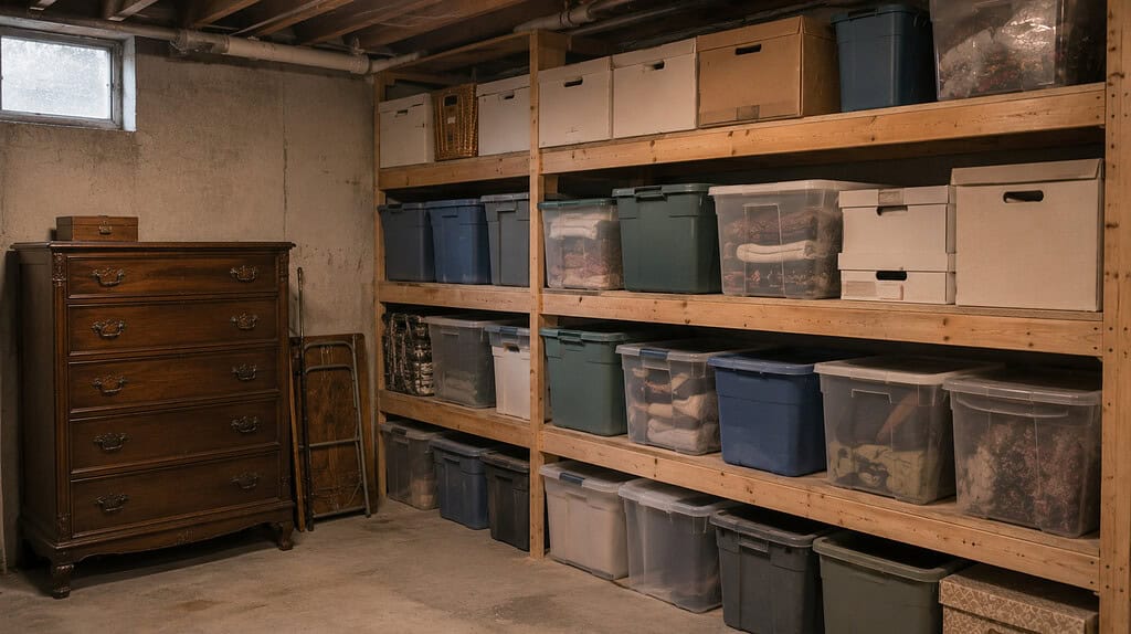 Rows of storage boxes and plastic bins lined up on basement shelves with an old wooden dresser beside them