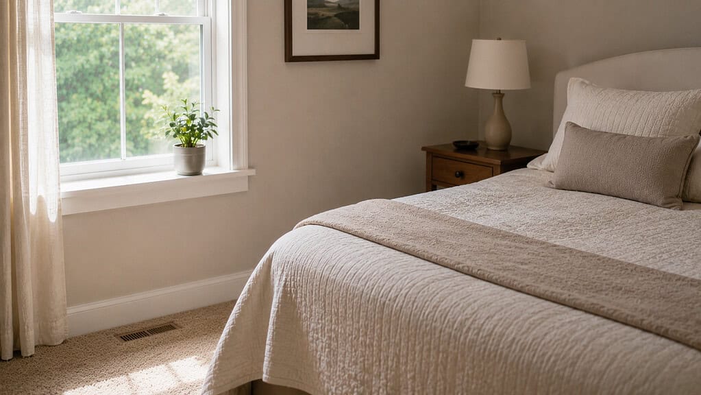 A calm tidy bedroom corner with a small potted plant on a windowsill and a neatly made bed nearby in soft natural light