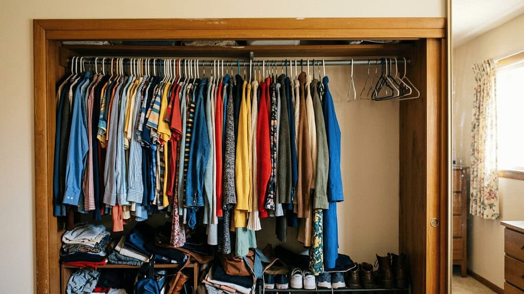 An overstuffed closet with colorful garments packed tightly on the rod and a small stretch of empty rod space with loose hangers at one end in warm daylight