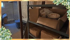 Worn cardboard boxes stacked on basement shelves with old floral china plates and a teacup in an open box on top