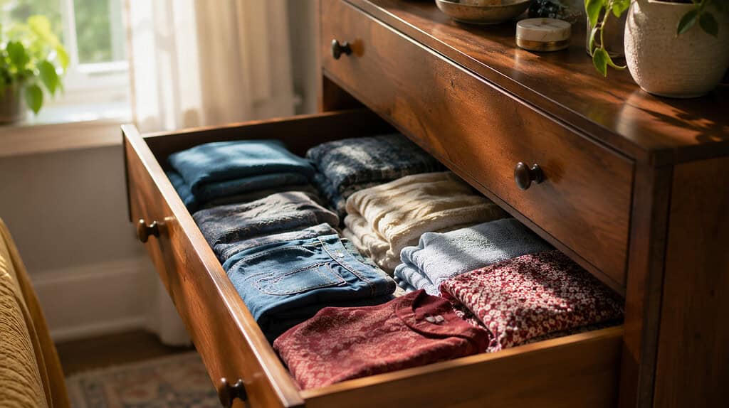 An open dresser drawer with folded clothes in soft blues and warm reds being sorted, with warm sunlight falling across it