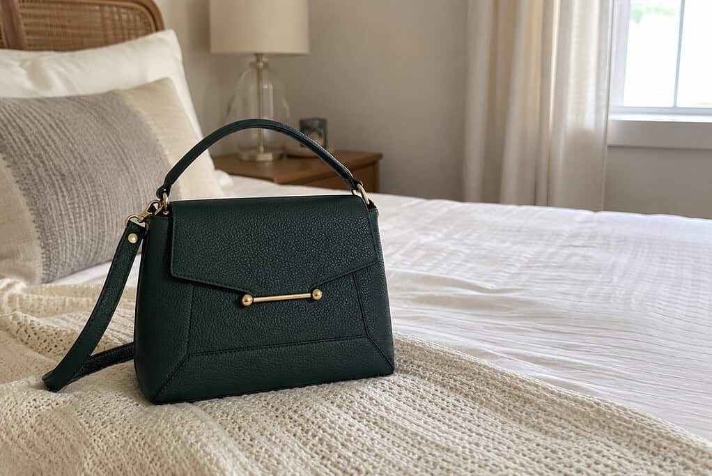 Forest green pebbled-leather handbag with gold hardware resting on a cream knit throw in a softly lit bedroom.