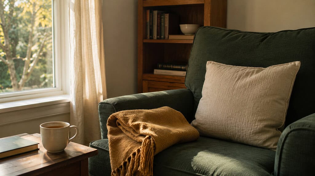 A comfortable forest-green armchair by a window with a warm mug of tea on a wooden side table and a folded golden throw over the arm in soft daylight