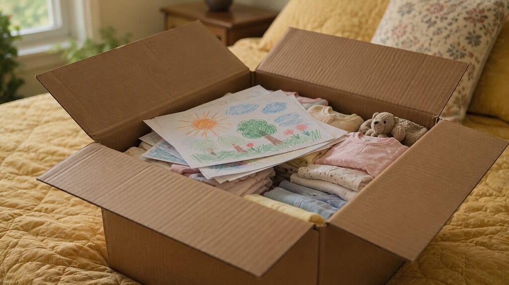 An open cardboard box holding neatly folded pastel baby clothes and a few bright crayon drawings, resting on a warm yellow quilt in soft daylight