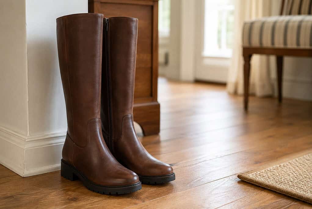 Pair of brown leather knee-high riding boots with low block heels standing on a warm wooden floor at home.
