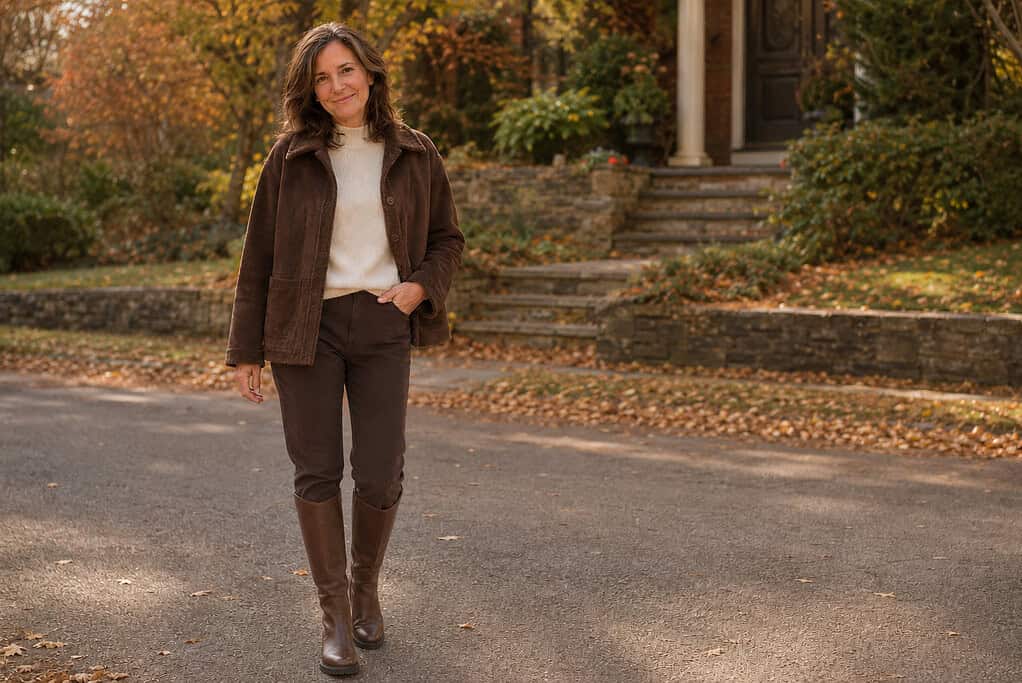 Woman over 50 wearing a brown suede jacket, cream knit sweater, brown trousers, and knee-high leather boots on an autumn street.