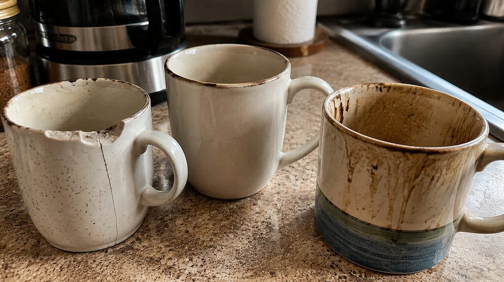 A small group of worn-out coffee mugs on a counter, one chipped, one cracked, and one deeply coffee-stained, clearly past their best