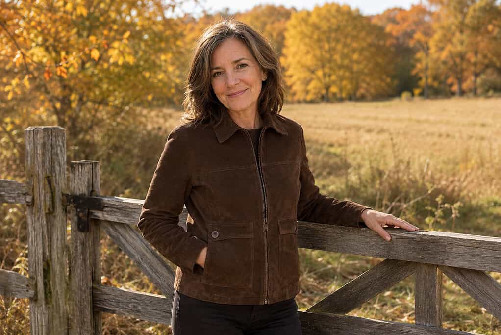 Woman over 50 wearing a chocolate-brown suede jacket beside a rustic wooden fence on a sunny autumn day.