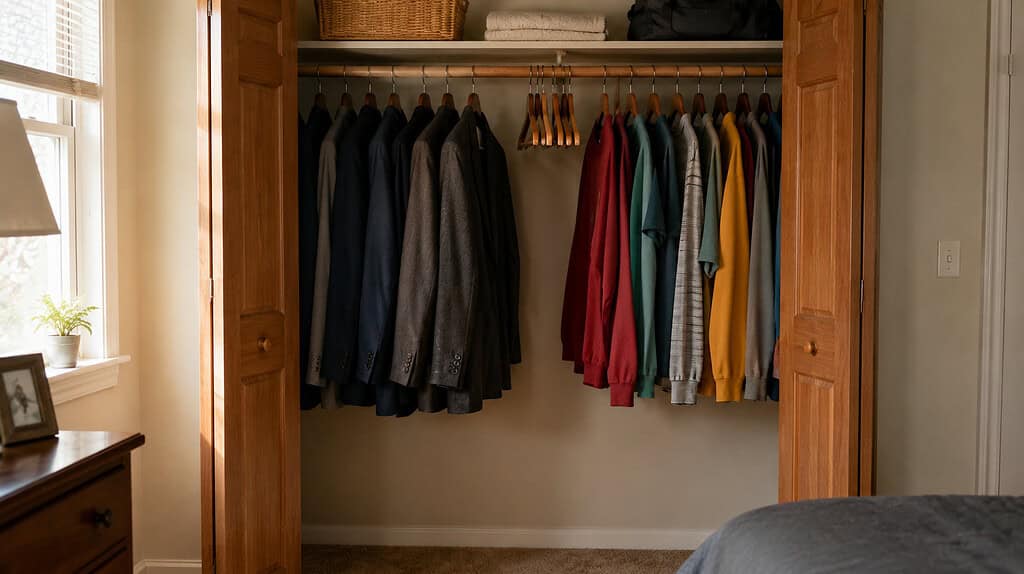 An open closet with navy and gray work blazers on one side, colorful casual clothes on the other, and a few empty wooden hangers between them in soft daylight