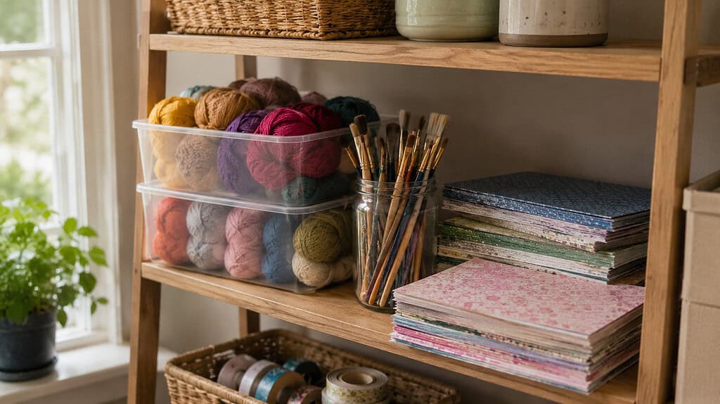 A shelf holding clear bins of colorful yarn, a jar of paintbrushes, and stacks of blue, green, and pink scrapbook paper in soft daylight