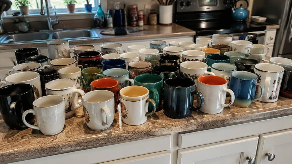 Dozens of mismatched coffee mugs taken out of the cabinet and lined up in rows across a kitchen counter in warm morning light