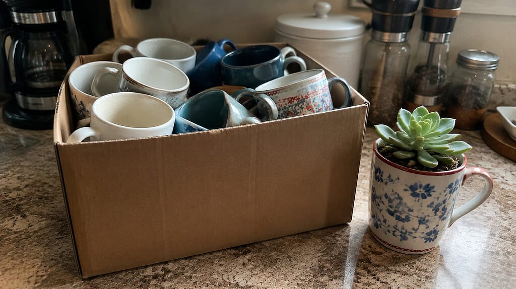 A cardboard donation box filled with clean extra coffee mugs on a counter, with one mug beside it repurposed as a small succulent planter