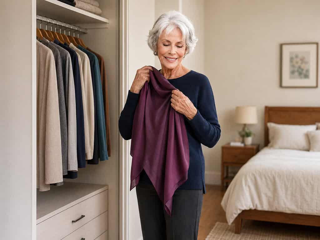 Woman in her seventies with short silver hair wearing a navy fine-knit top and charcoal trousers, holding a plum silk scarf up to her collarbone beside an open wardrobe