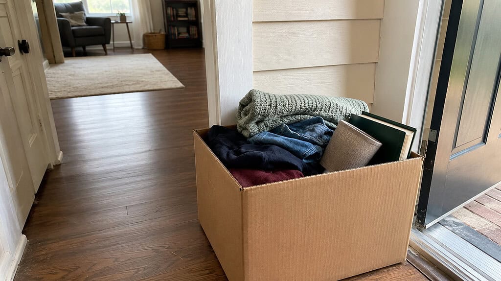 A cardboard donation box filled with sorted items sitting by the front door, showing how much easier decluttering decisions can be