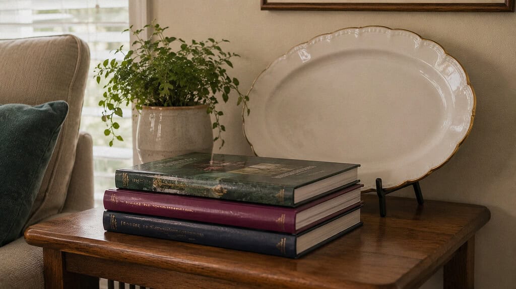 A small stack of glossy jewel-toned coffee table books with a fancy unused serving platter leaning behind them on a tidy side table in soft daylight