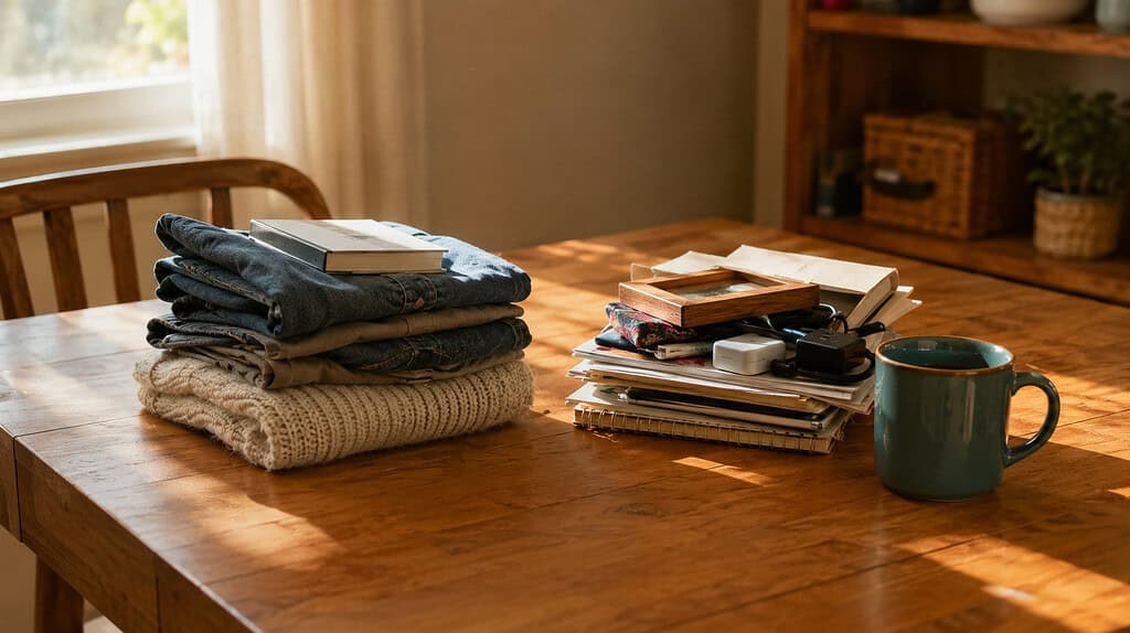 A warm wooden table with two small sorted piles of household items and a teal ceramic mug beside them in soft morning light
