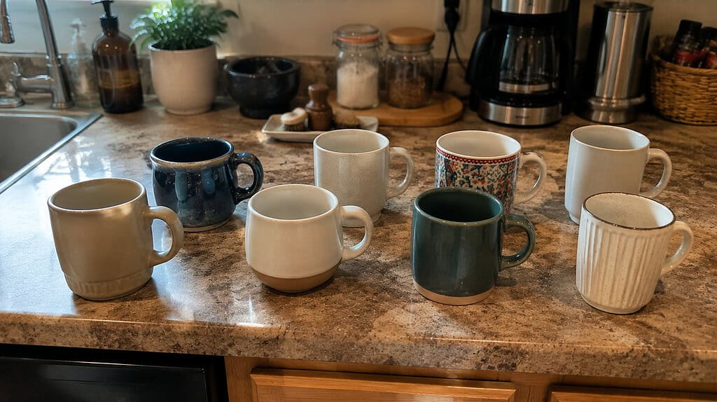A small tidy set of about eight coffee mugs arranged neatly on a kitchen counter with space between them