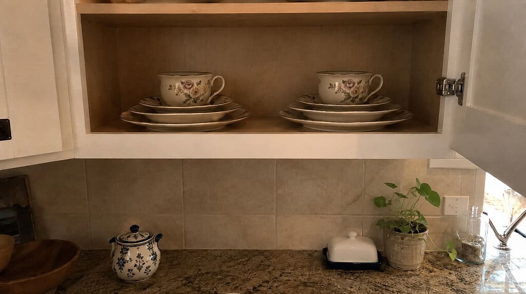 An open kitchen cabinet holding four floral china place settings with open space around them, and a small blue-flowered sugar bowl on the counter below