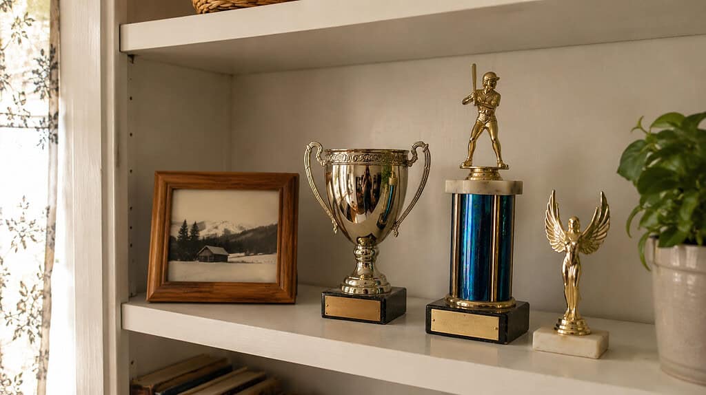 A tidy shelf displaying two or three cleaned-up old gold and silver trophies and a framed photo, with open space around them