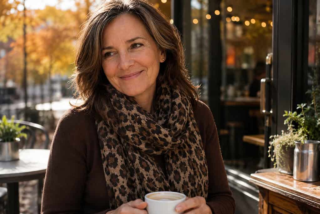 Woman over 50 wearing a plush leopard print scarf and holding a warm drink at an outdoor café in autumn.