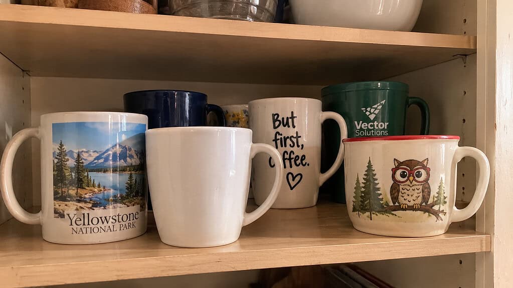 Close-up of a kitchen shelf with a small collection of mismatched coffee mugs, including a souvenir mug, plain white mug, novelty coffee mug, promotional mug, and illustrated mug, arranged casually with warm natural daylight.