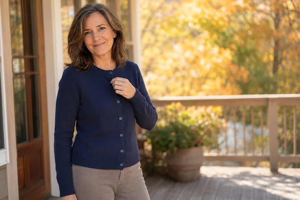 Woman over 50 wearing a navy button-front cardigan on a porch in warm autumn sunlight.
