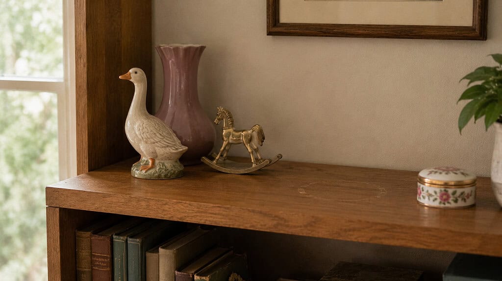 A wooden shelf holding a small ceramic goose and a mauve vase next to an empty spot where a piece has been removed in soft daylight