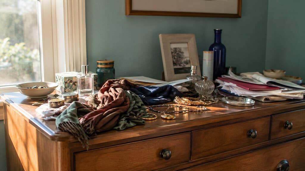 An open dresser drawer with folded clothes in soft blues and warm reds being sorted, with warm sunlight falling across it