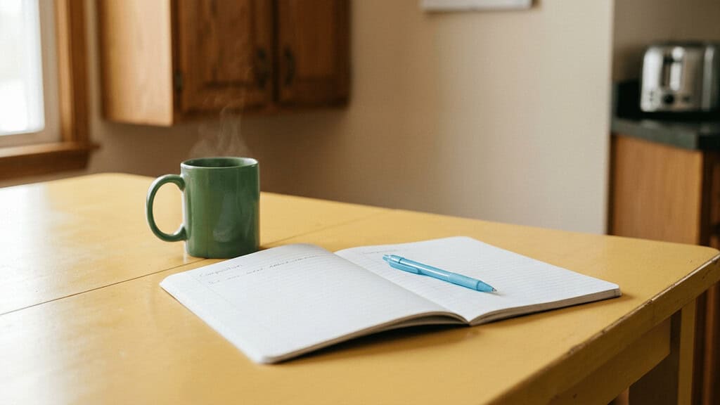 An open notebook with a blue pen on a butter-yellow kitchen table beside a green coffee mug in soft morning light