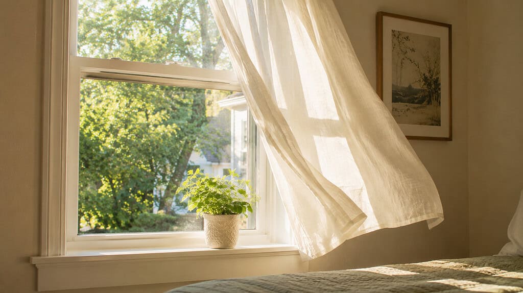 An open bedroom window with a light curtain drifting in a breeze, a small green potted plant on the sill, and gentle morning light against a cream wall
