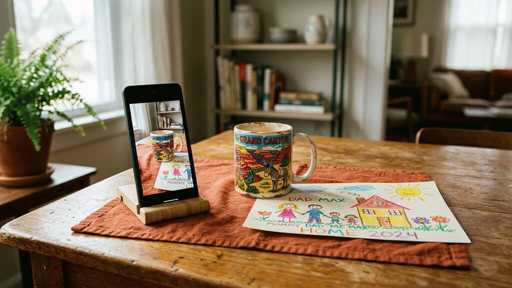 A cell phone propped up photographing a colorful old souvenir mug and a child's crayon drawing on a wooden table with a rust-orange cloth underneath in soft daylight