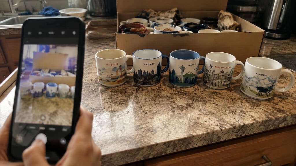 A cell phone photographing a row of souvenir coffee mugs lined up on a kitchen counter before they go in a donation box