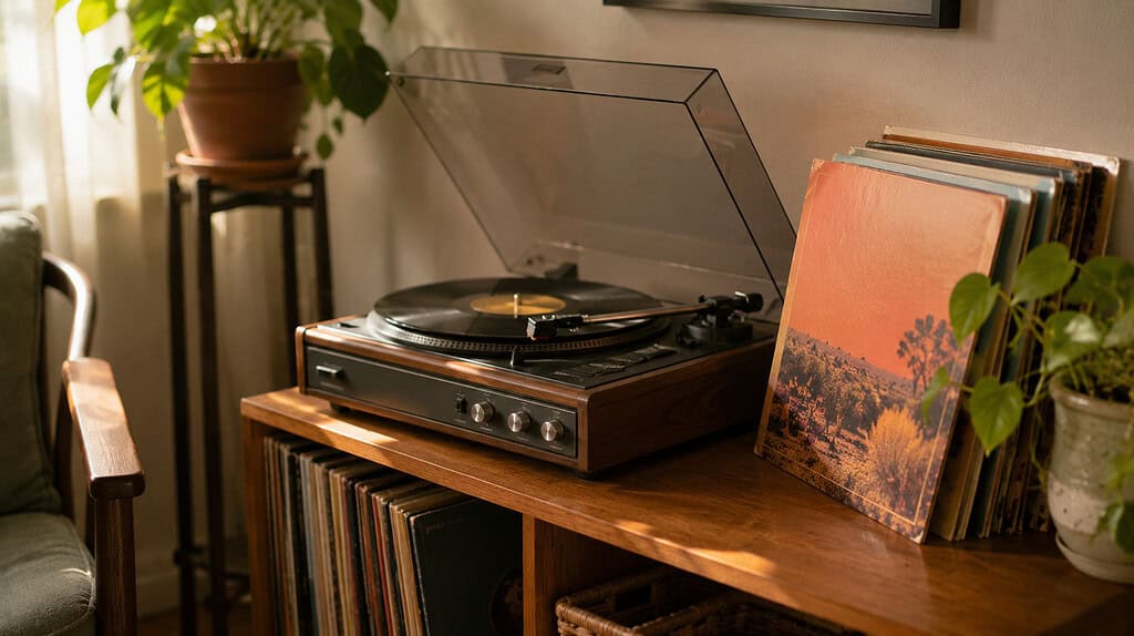 An old-fashioned record player on a wooden shelf with a few warm-colored record sleeves leaning beside it and a green plant nearby in soft afternoon light