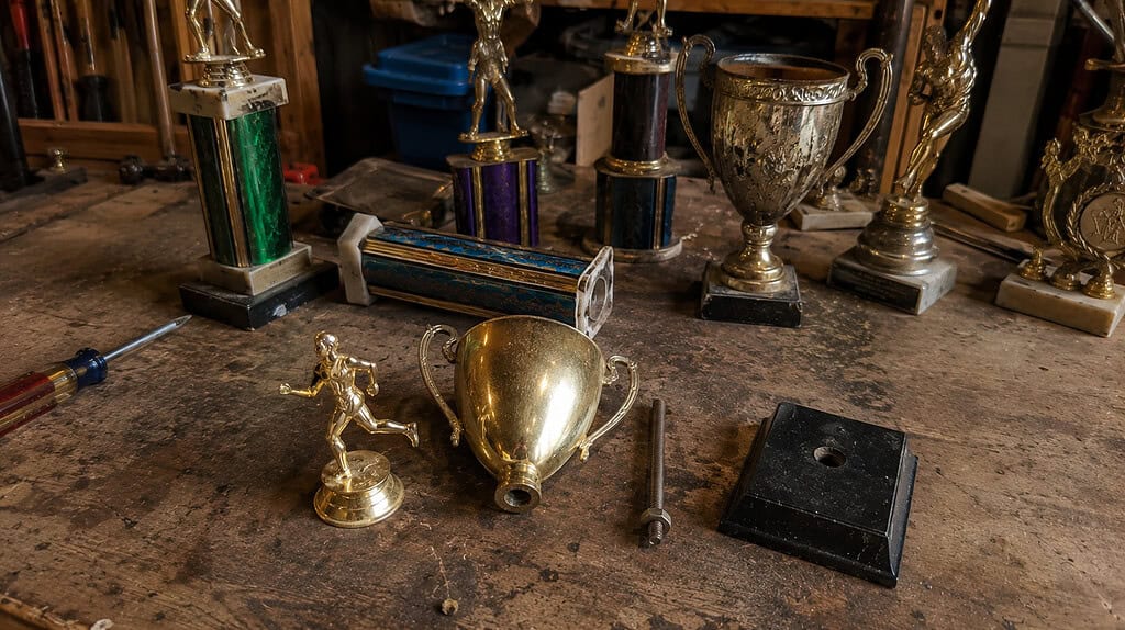 An old trophy taken apart on a garage workbench, its gold figurine, metal cup, rod, and black base separated into piles, with more trophies waiting nearby
