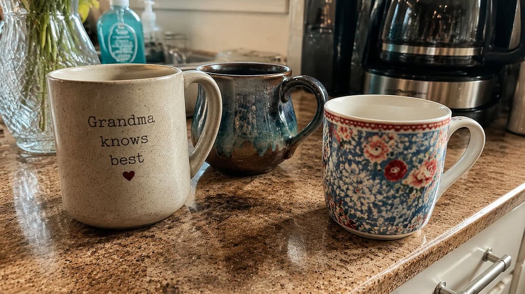Two or three meaningful keepsake coffee mugs set apart on a kitchen counter, including a novelty grandma mug and a pretty patterned one