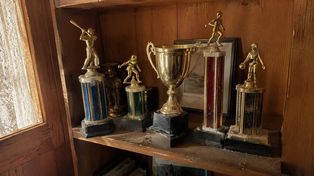 A dusty wooden shelf holding a few old mismatched gold and silver trophies of different heights, one with a figurine and one two-handled cup, slightly crooked