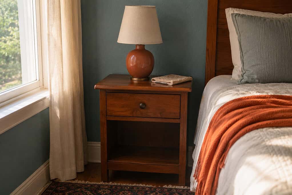 A freshly cleared nightstand holding only a warm-toned lamp and a folded cloth beside a bed with a rust-orange throw against a soft teal wall in gentle daylight