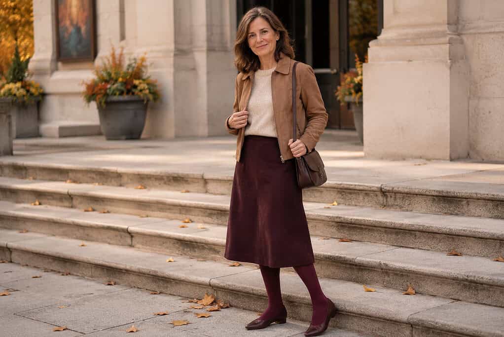 Woman over 50 wearing a tan suede jacket, cream knit top, burgundy midi skirt, and matching tights on stone steps in autumn.